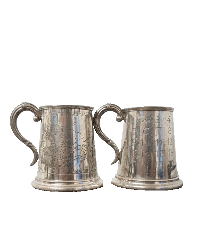 Vintage English Pewter Alphabet Circus Mugs Sheffield UK Collectible Pair
