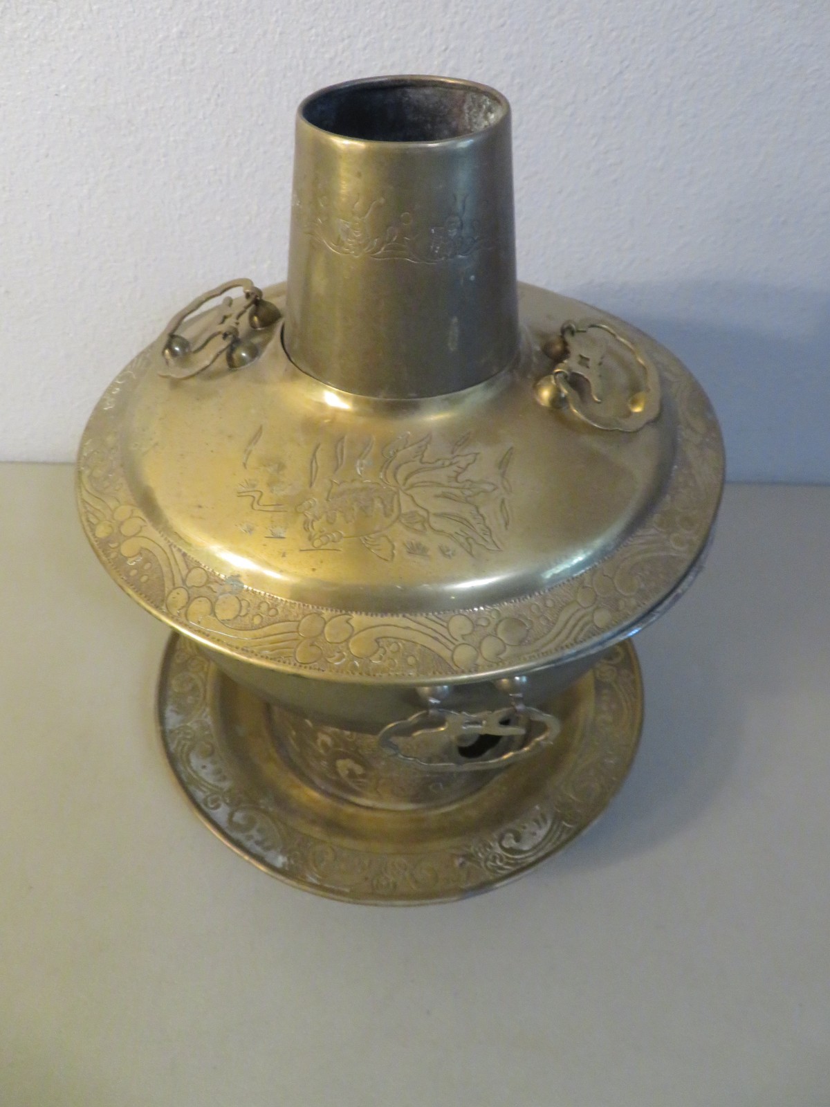 Vintage Brass Hot Pot Cooker with Lid and Handles Koi Fish Motif 5 Piece