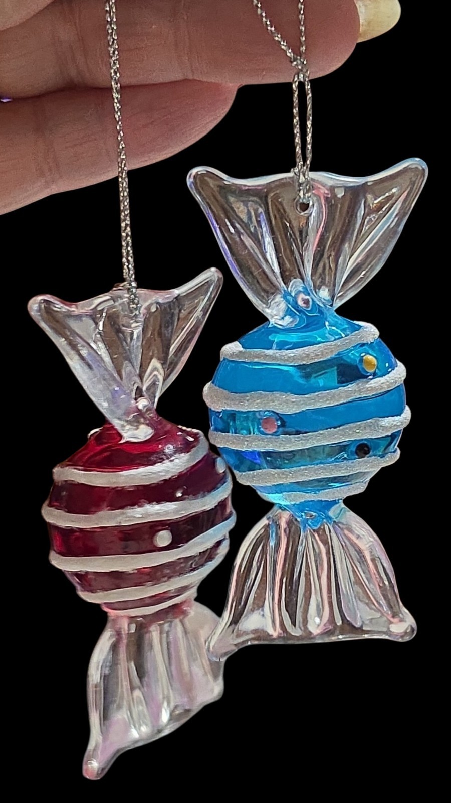 Vtg Blown Glass Candy Christmas Ornaments Lot Of 2 Red Blue Sugared Stripes 3¼\