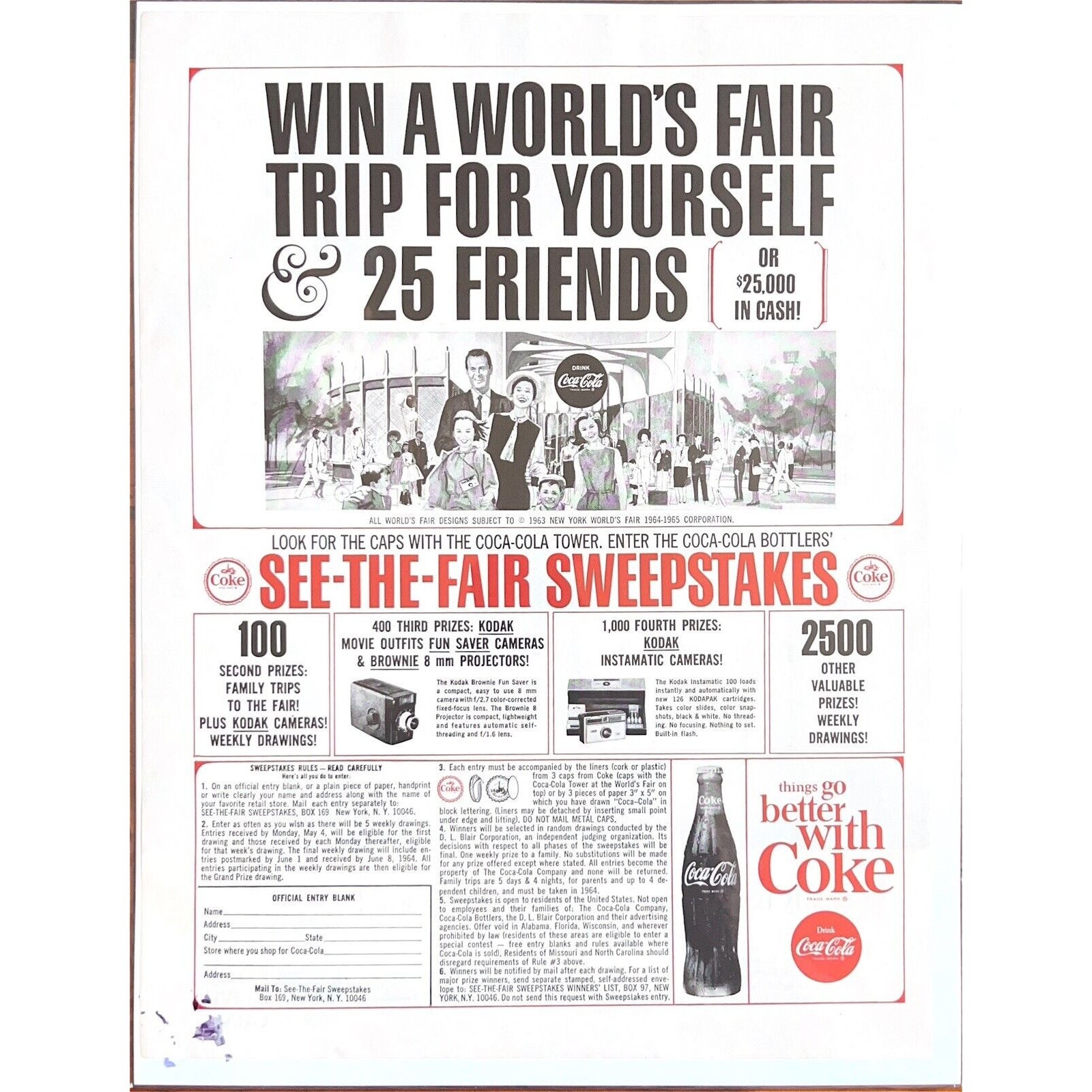 Vintage 1963 Worlds Fair Sweepstakes Coca Cola See the Fair Print Ad Vintage 1963 Worlds Fair Sweepstakes Coca Cola See the Fair Print Ad