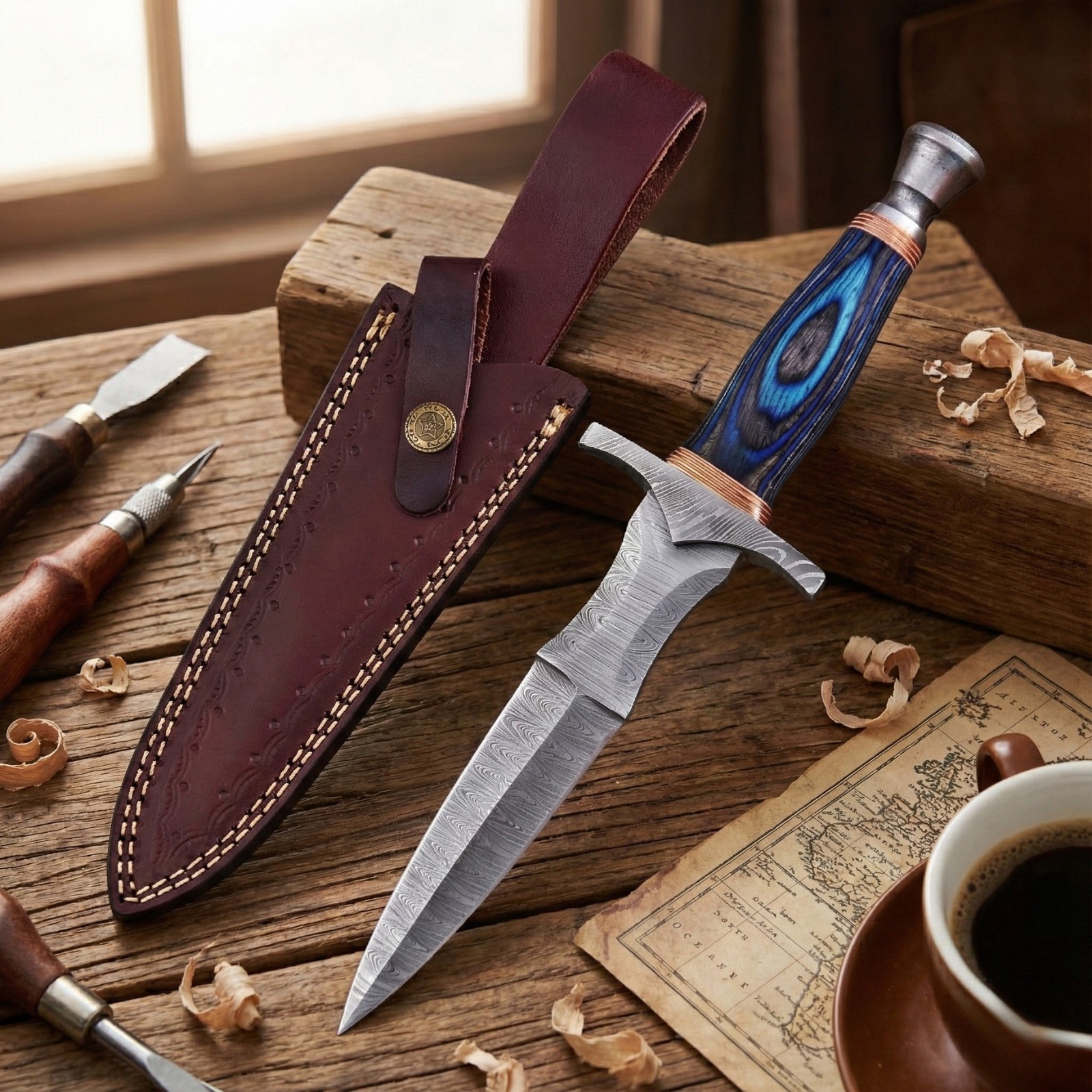 SHARD Handmade Damascus Steel Dagger Knife Blue Pakkawood Fixed Blade w/Sheath
