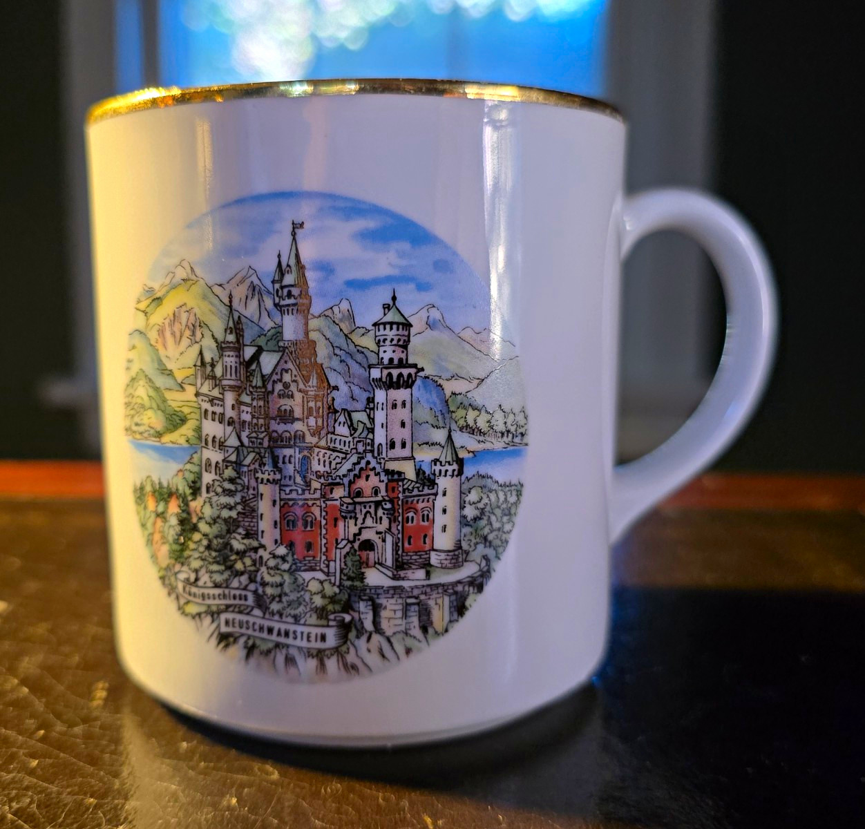 Vintage Neuschwanstein Castle Mug Made in Western Germany Gold Rim Handarbeit