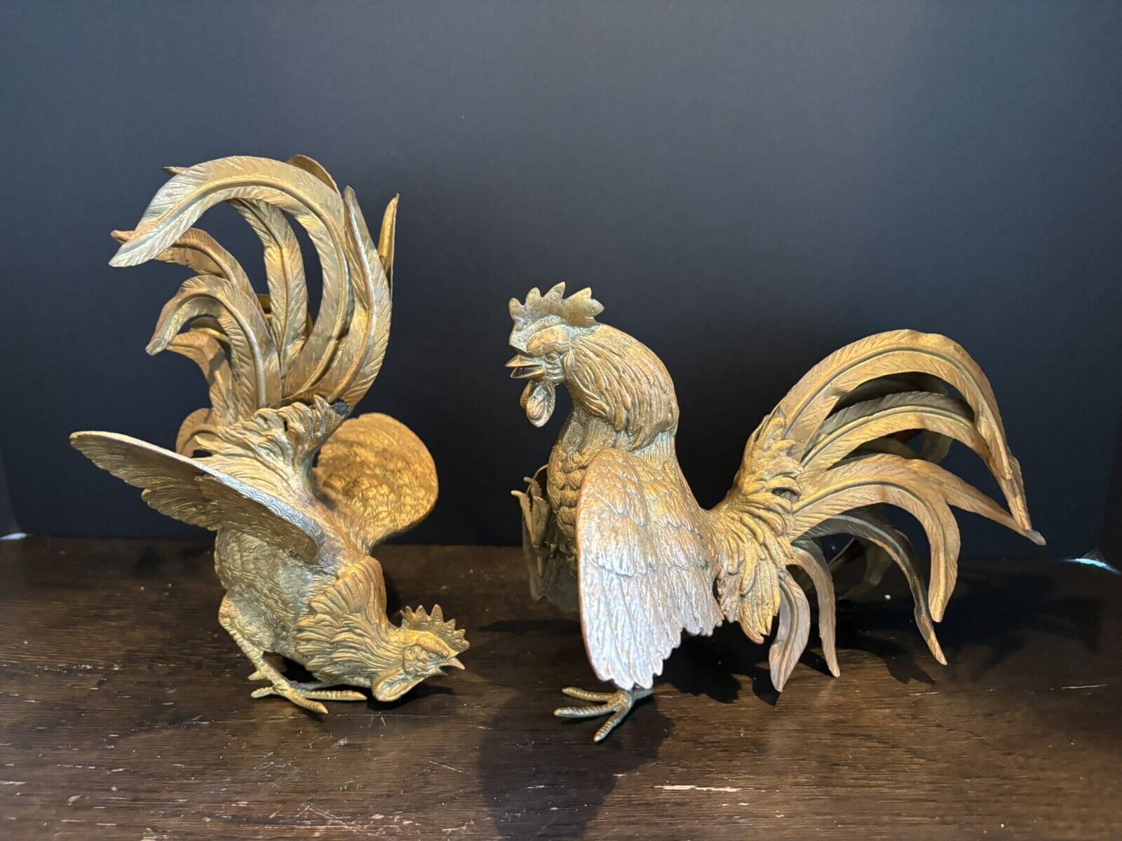 Brass Fighting Roosters Or Cocks Vtg Pair