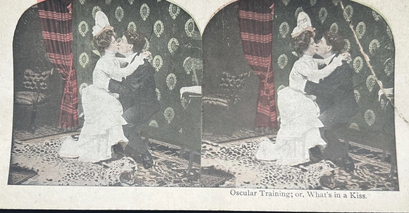     Antique Risque Stereoview Oscular Training Kissing Couple Comic Card