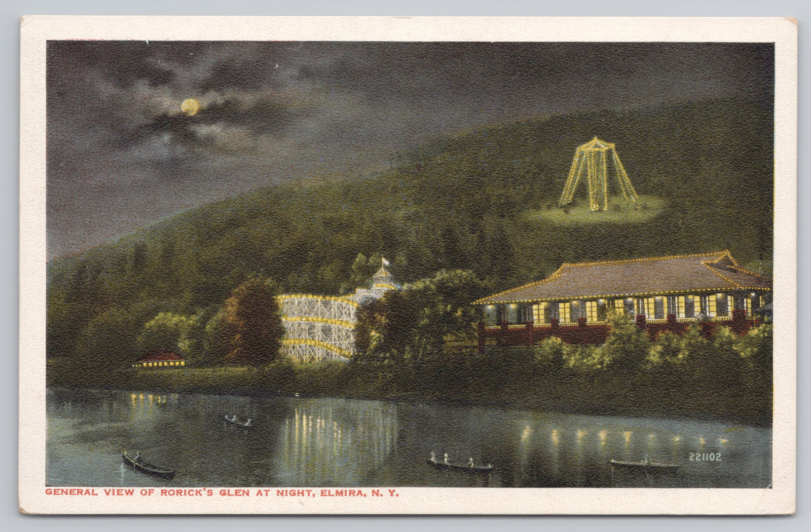 General View Rorick’s Glen at Night Elmira NY Postcard Rubin Bros Moonlight