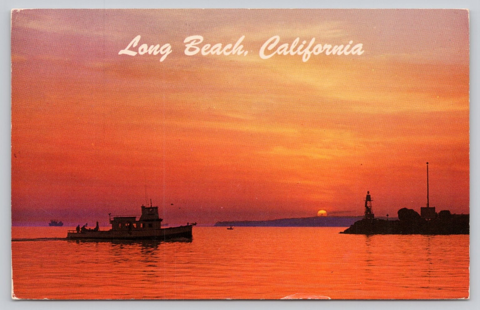 Long Beach California Sunset Harbor Lighthouse Boat Vintage Postcard 1950s Long Beach California Sunset Harbor Lighthouse Boat Vintage Postcard 1950s