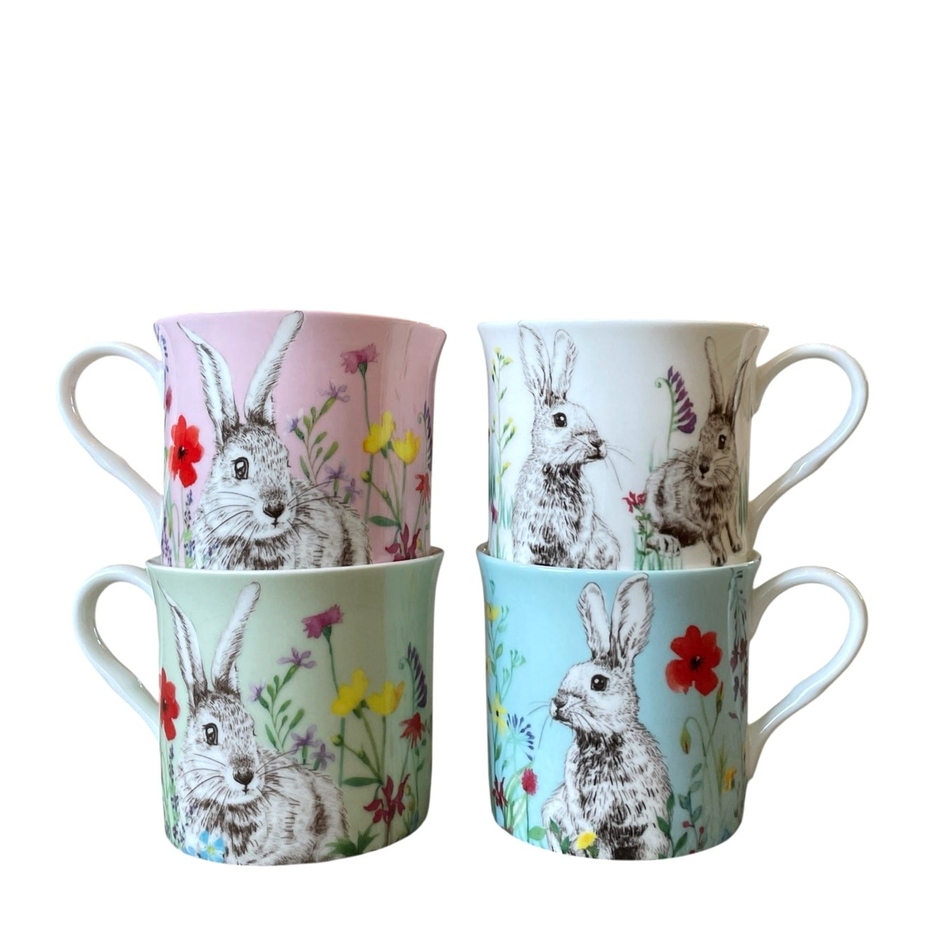 4 Stechcol Gracie Bone China Bunny Rabbit Mugs 10oz Pastel Easter Floral NEW