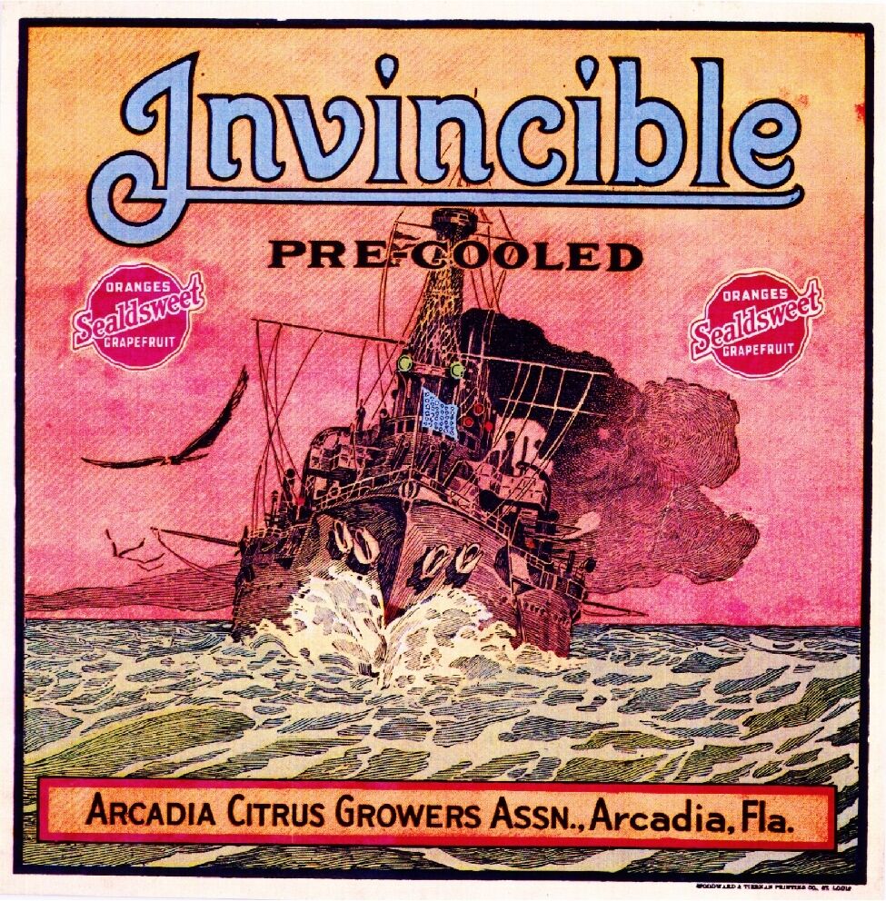 Arcadia Florida Invincible Battle Ship Orange Citrus Fruit Crate Label Art Print