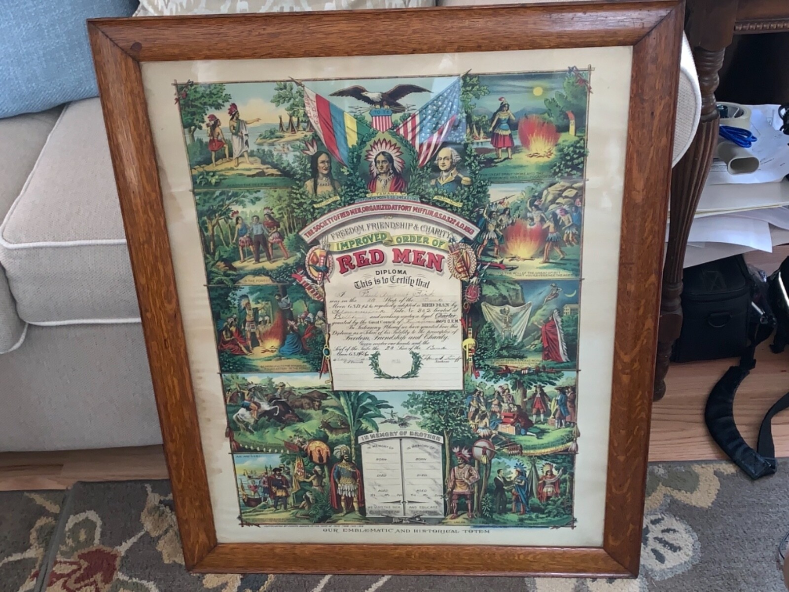 Framed Original 1912 Improved Red Man Diploma RARE Historical 