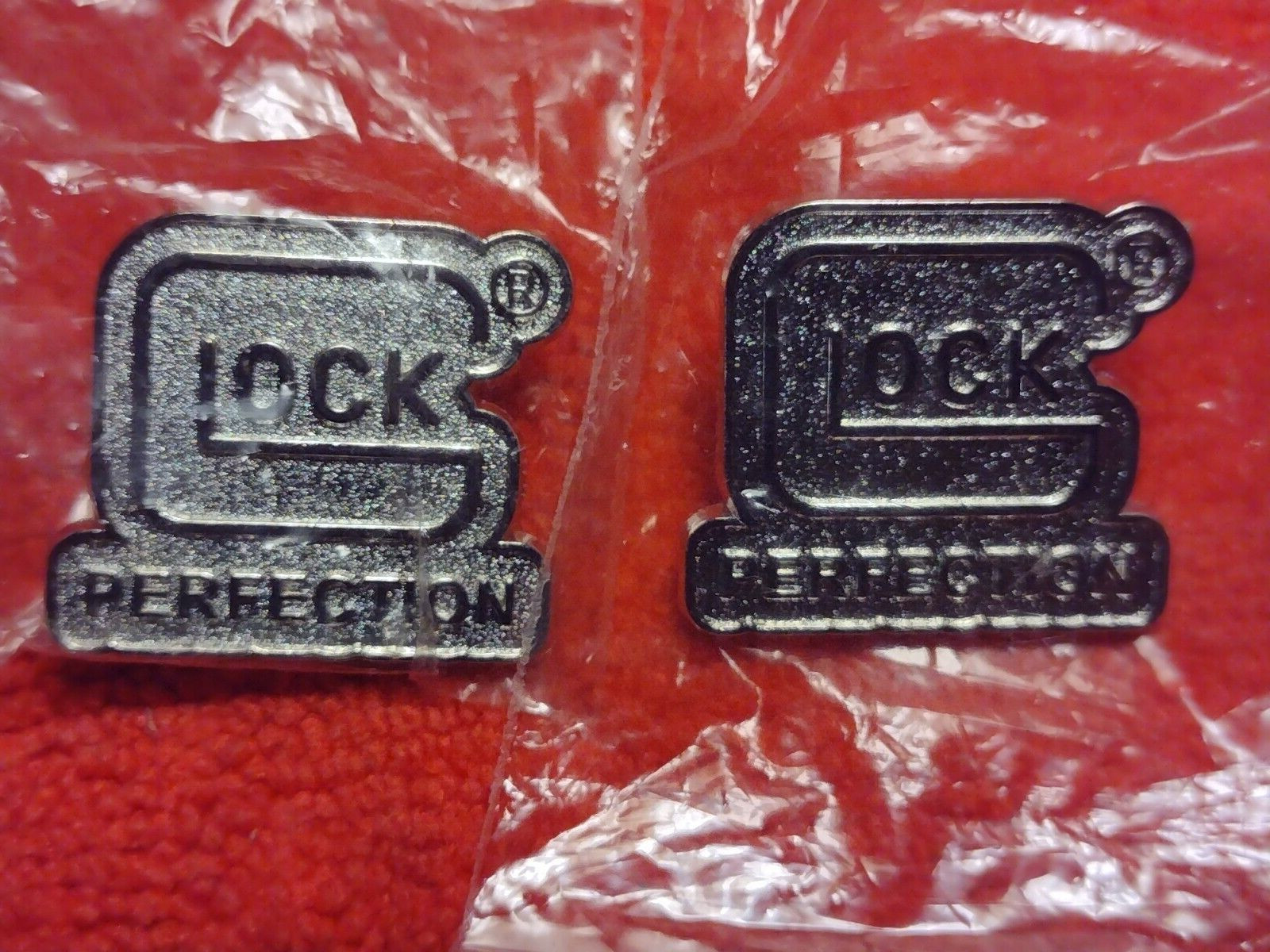 GLOCK PERFECTION Two Hat Vest Lapel Range-bag Pins SHOT-SHOW NOS NIP Silver 2