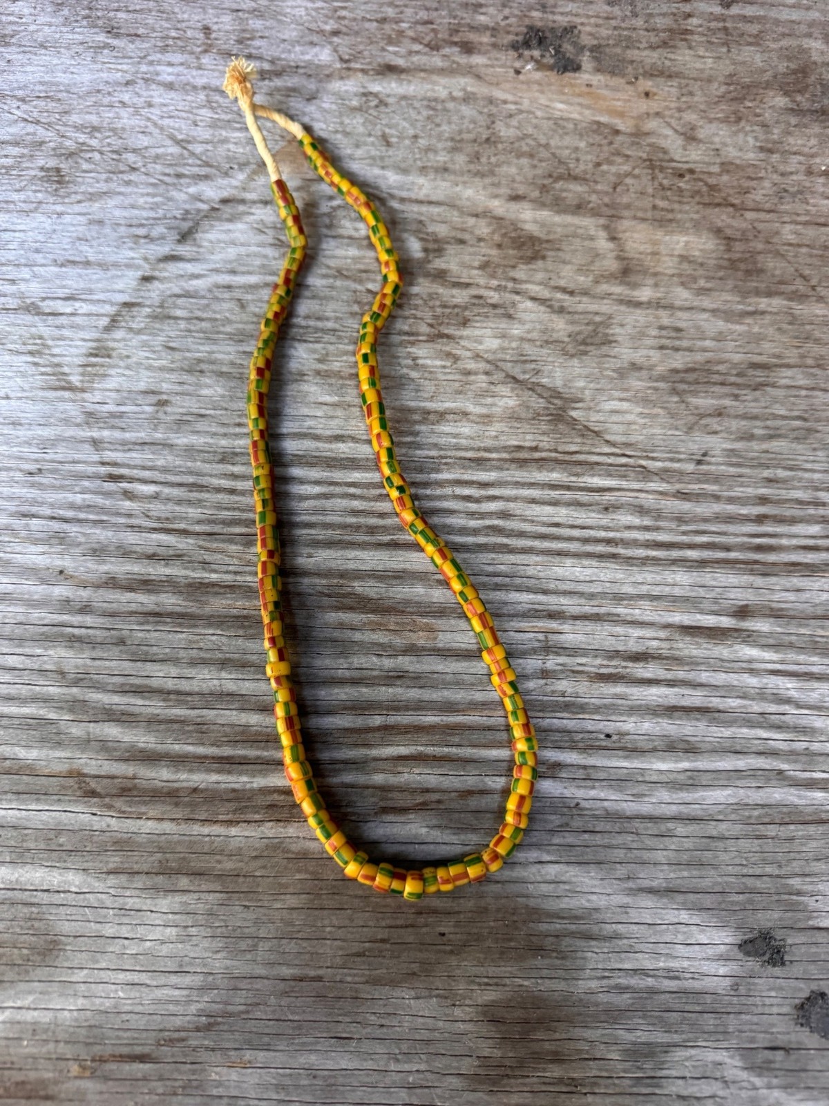 Venetian African Trade Bead Necklace 22” Yellow Red Green Striped Glass Antique