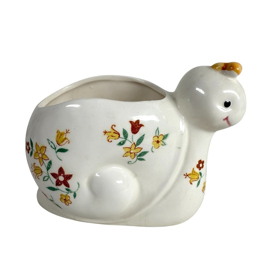 Vintage Inarco Ceramic Floral Snail Planter Smiling Anthropomorphic