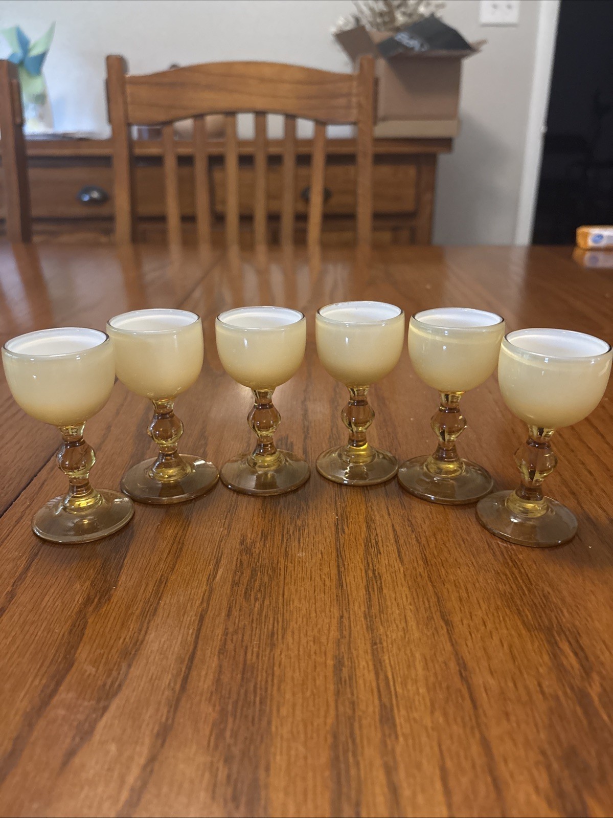 6 Vintage Carlo Moretti Cordial Liquor Shot Glasses Butterscotch/white
