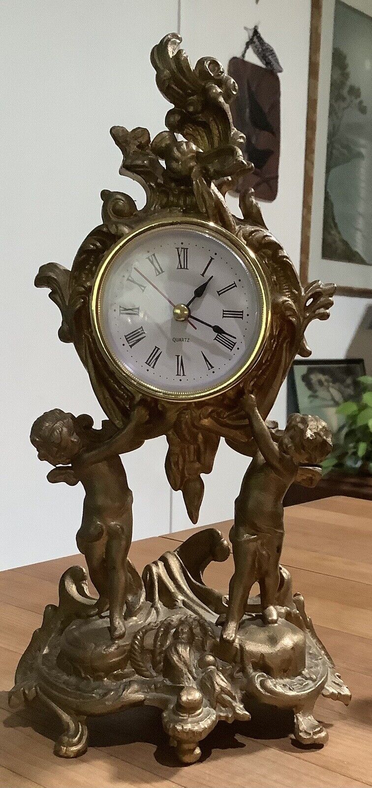 Antique Gold Gilt Cast Metal Cherub French Style Freestanding Clock, Ornate 