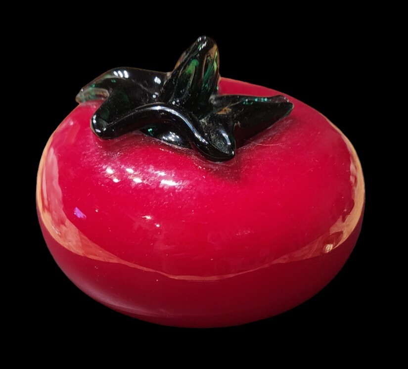 Red Tomato with Green Stem Art Glass Hand Blown Paperweight 3.25\