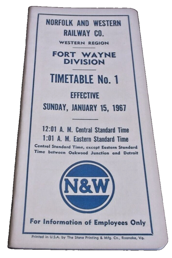 1967 NORFOLK & WESTERN N&W FORT WAYNE DIVISION EMPLOYEE TIMETABLE #1