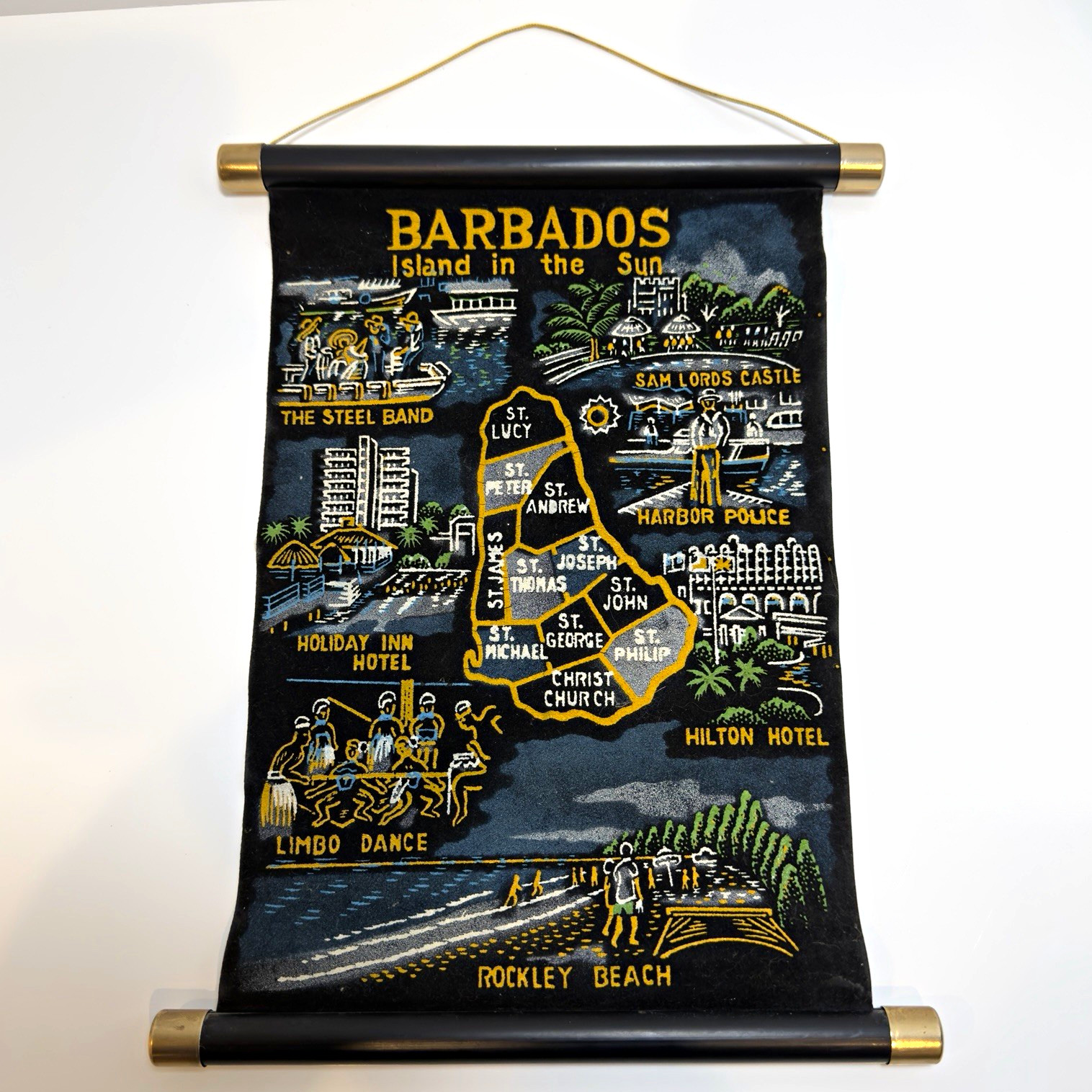 VTG Barbados Island in the Sun Black Velvet Souvenir Wall Scroll Banner 13x10