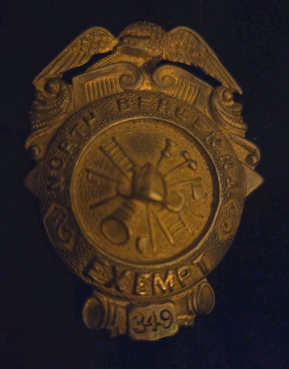 Vintage North Bergen New Jersey Exempt Fire Badge No. 349 - F. Sperber Maker Vintage North Bergen New Jersey Exempt Fire Badge No. 349 - F. Sperber Maker
