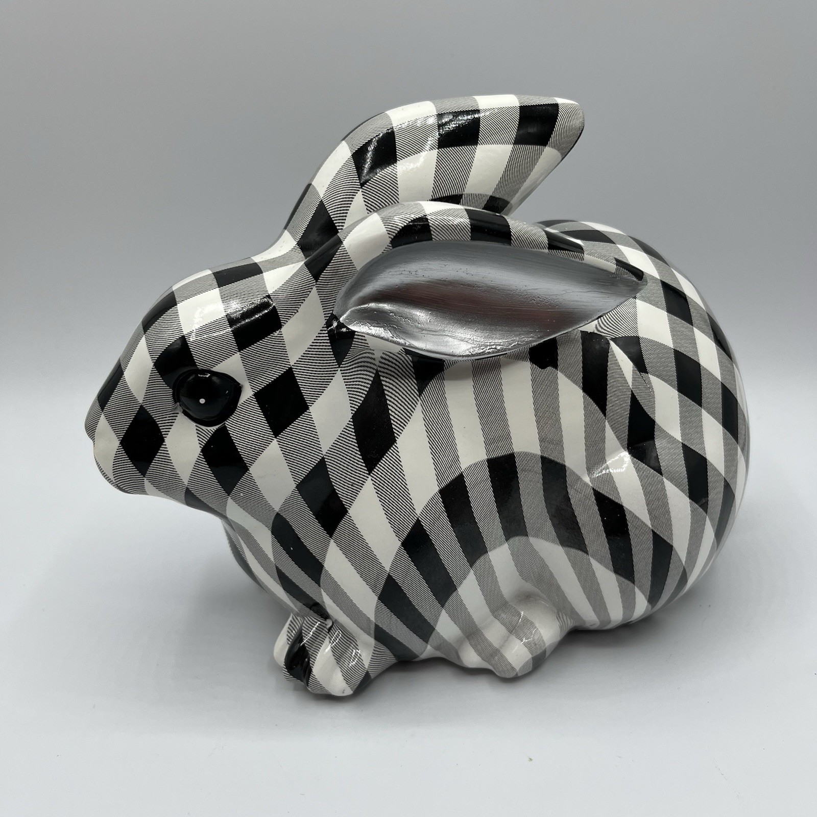 Black White Decoupage Resin Laying Rabbit Figurine Spring Easter Bunny Checker
