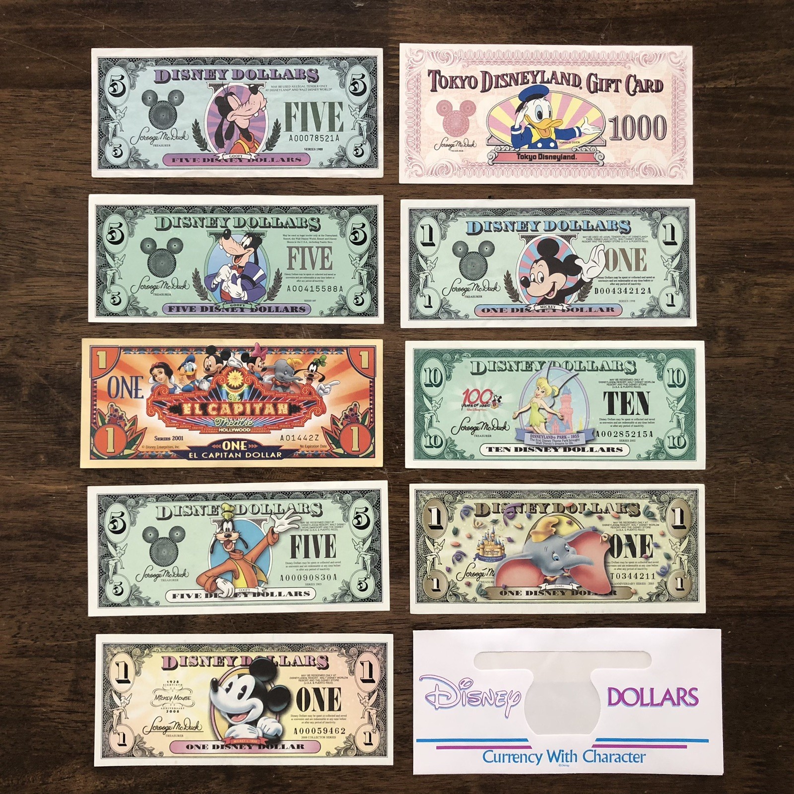 9 pc Used $1 $5 $10 Disney Dollar Lot 1988 - 2008 Mickey, Goofy & Tinkerbell ...