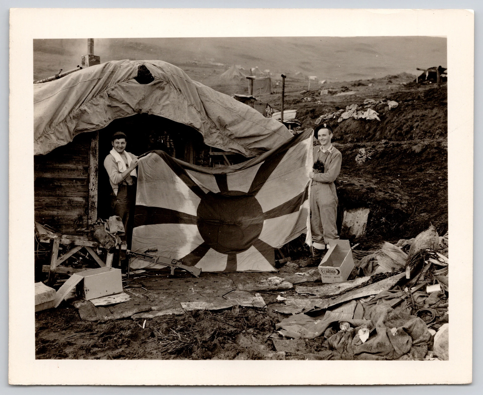 Canadian Troops & Japanese Flag Kiska 1943 WWII Coast Guard Photo