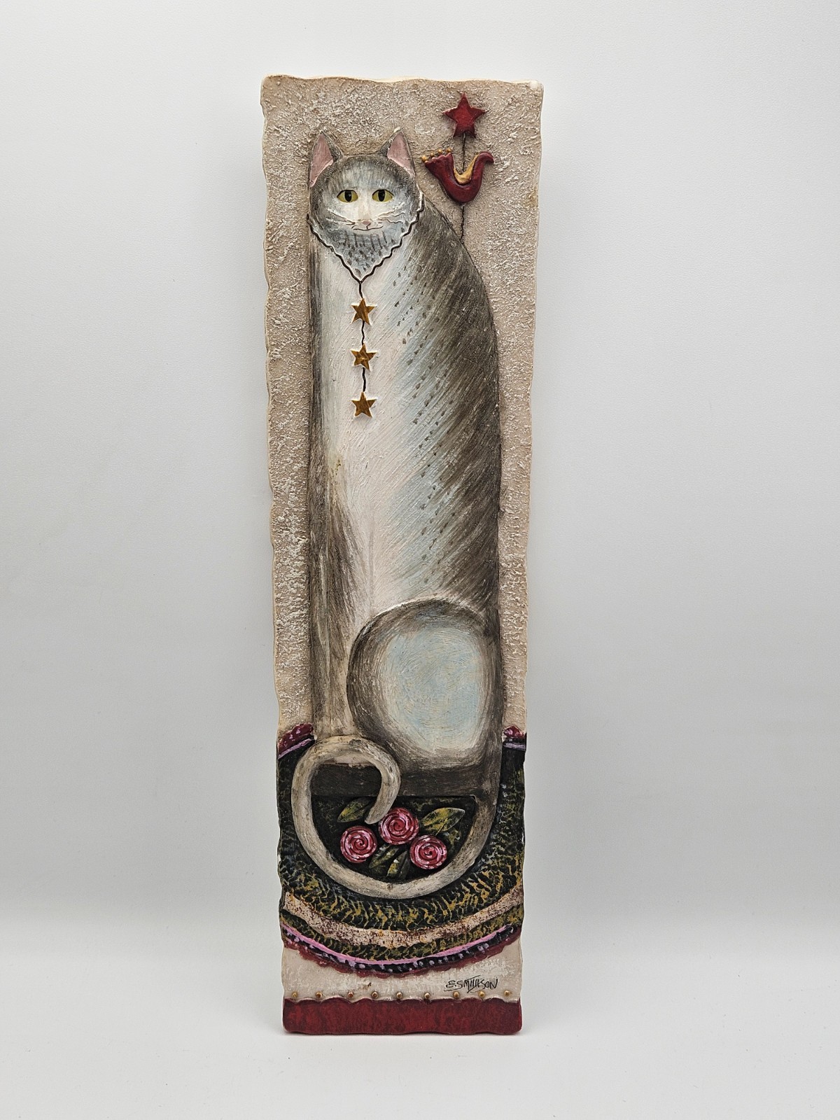 Vintage Cat Wall Plaque signed E.Smithson 1990\'s 11\