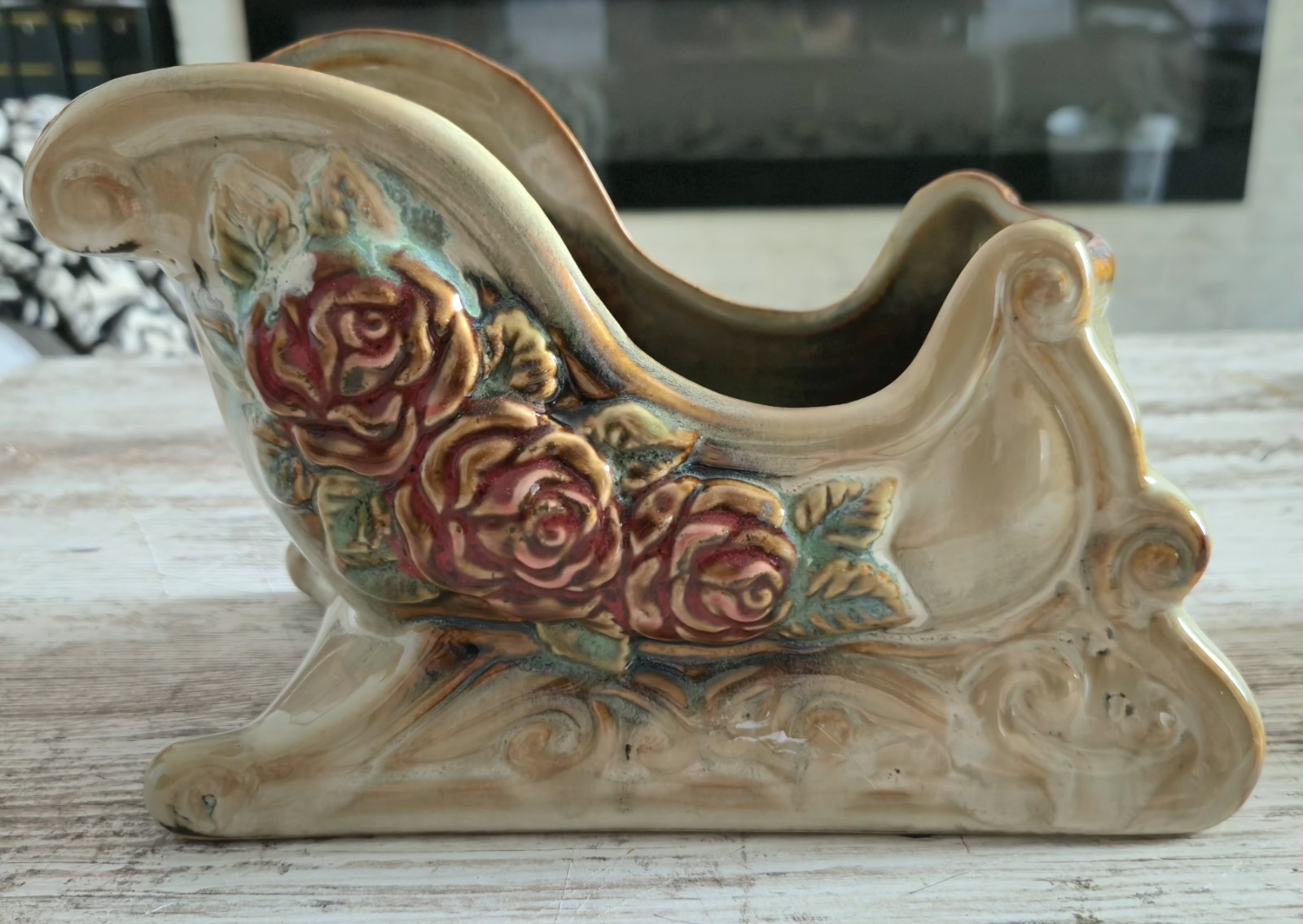 Ceramic Sleigh Planter Vase Raised Roses Floral Scrollwork Glazed 8\