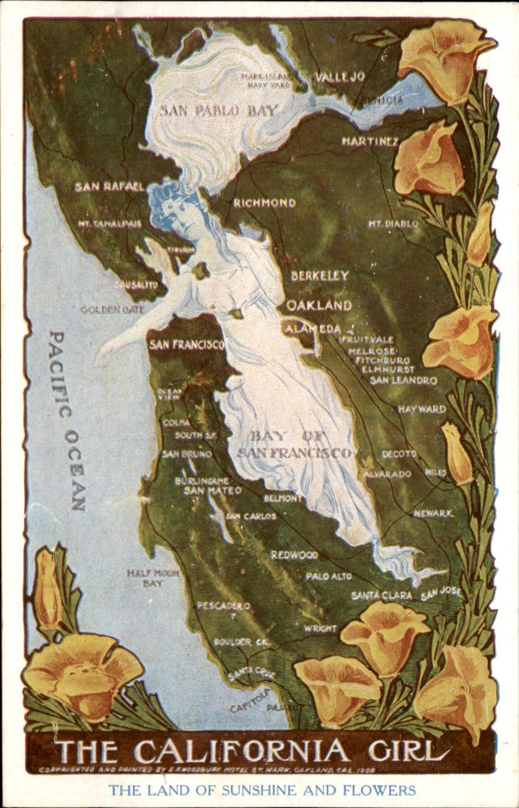 San Francisco Bay CA Map Metamorphic Image of Beautiful Woman c1910 Postcard bhn
