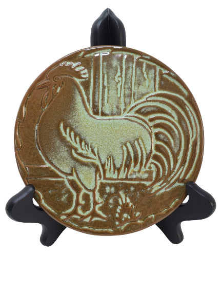 Frankoma 94TR Rooster Pottery Trivet Prairie Green Apx 6.25in
