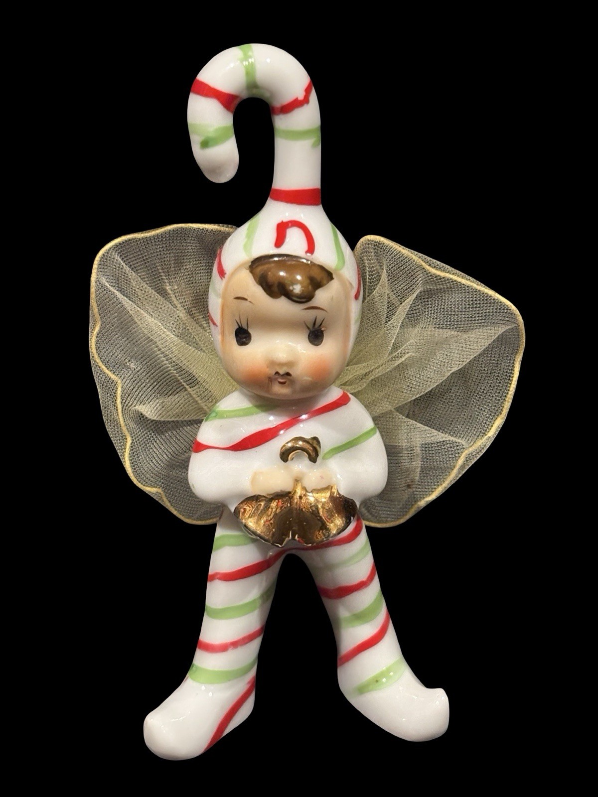 Vtg Fairy Pixie Elf Wings Candy Cane Geo Z Bells Figurine Christmas Japan RARE