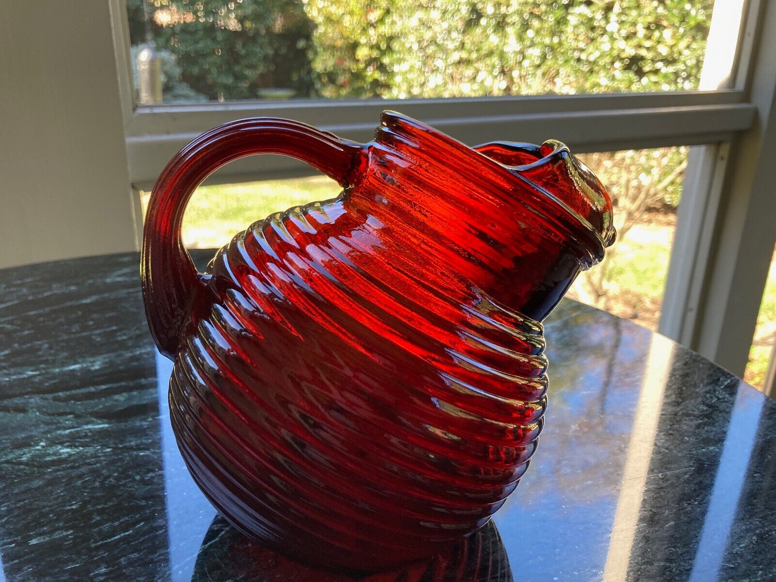 Ruby Red Tilt edge 1 Qt. glass pitcher.  6\