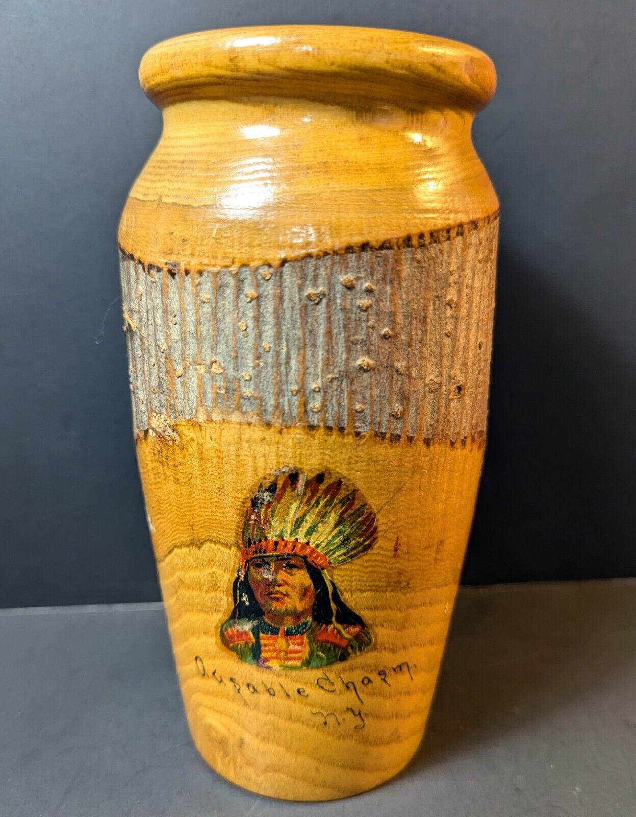 Vintage Native American Inlay Handmade Wooden Vase Ausable Chasm NY Souvenir