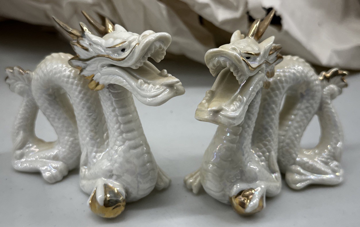 Vintage Yoshimi K Westland Co Porcelain Dragon Figurines Pair Japan White Gold