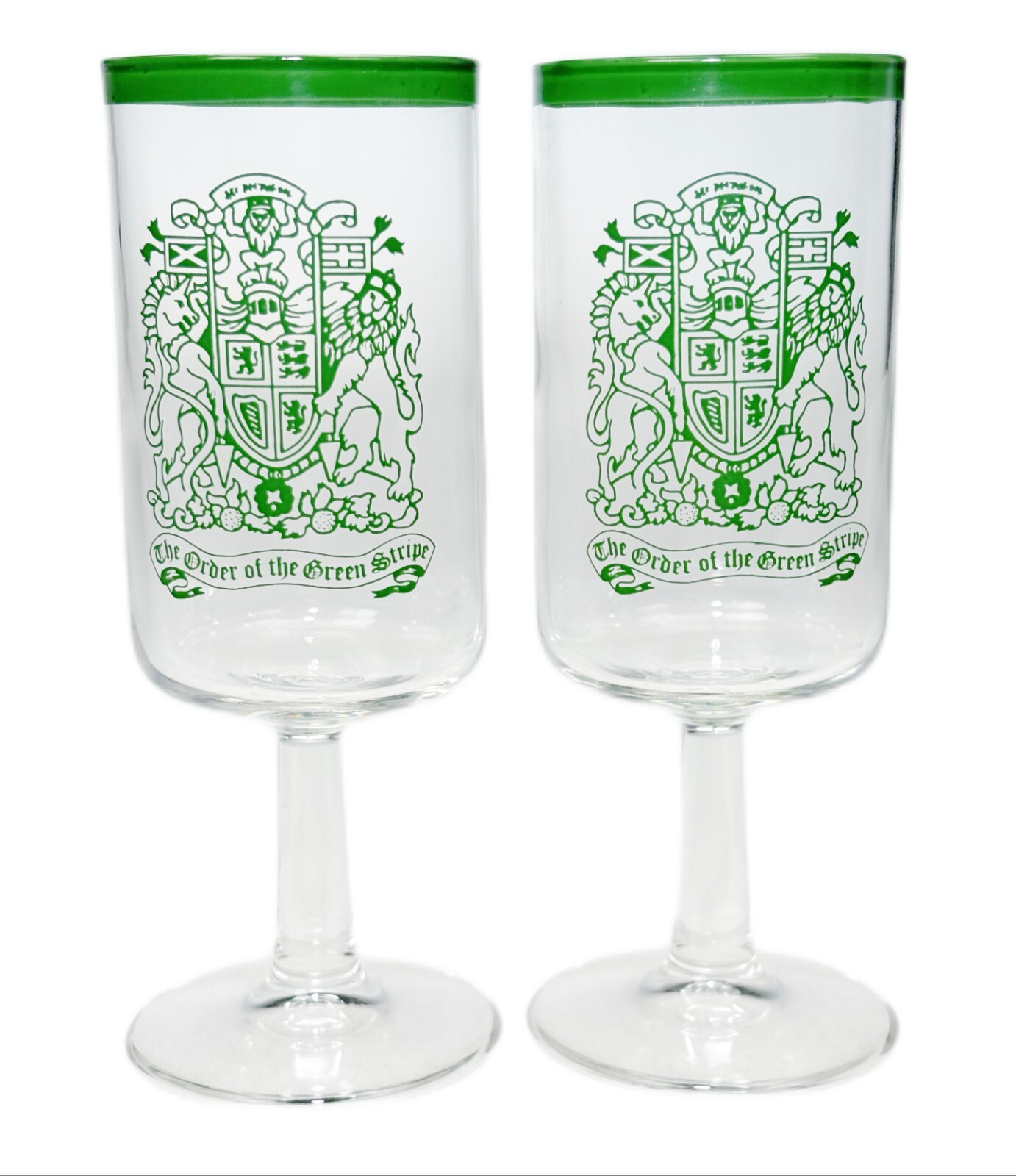 The Order of the Queen Stripe British Royal Coat Arms 2 Liquer Stem Glasses