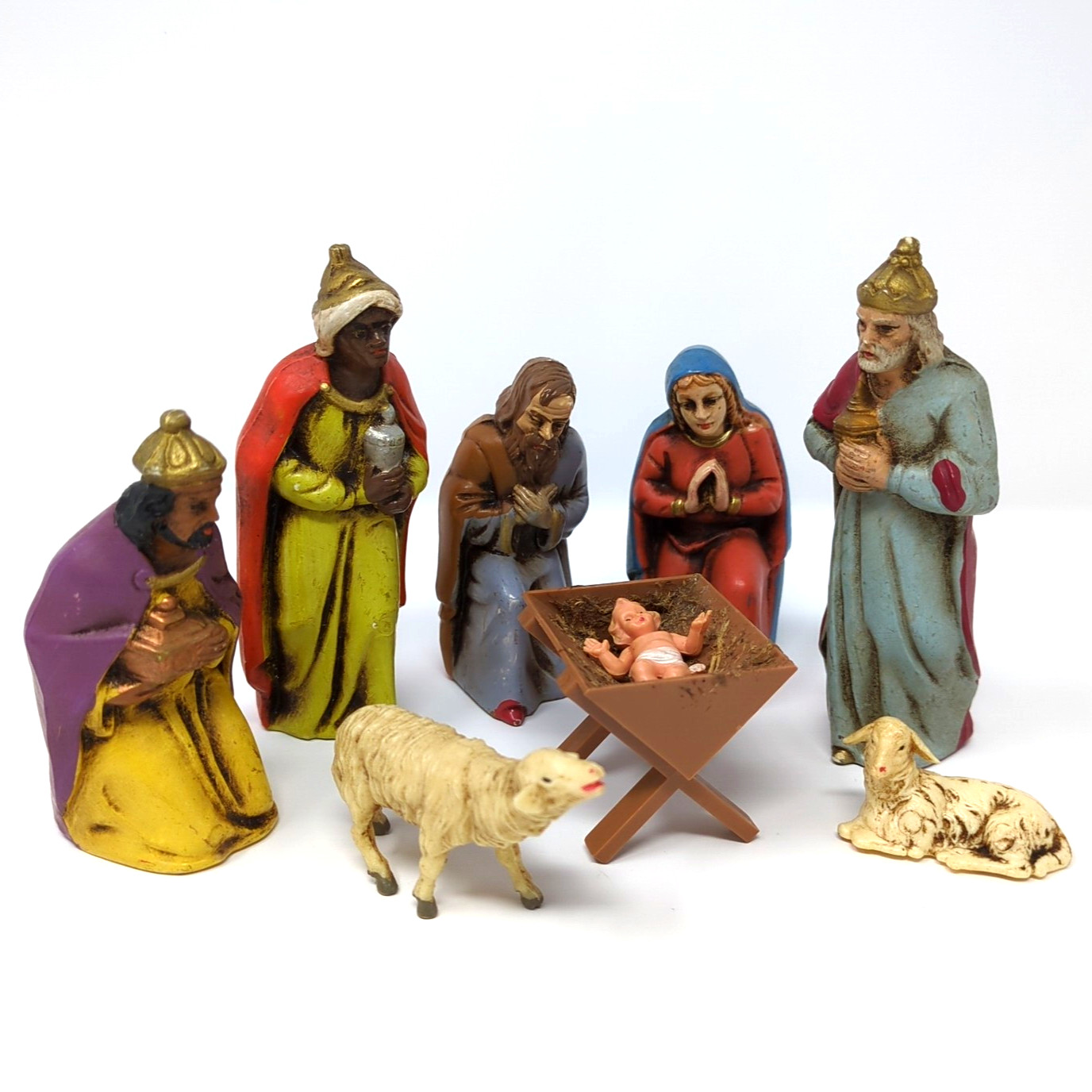 Vtg Friedel Christmas Nativity Hard Rubber Plastic Figures, 9 Pieces | W Germany