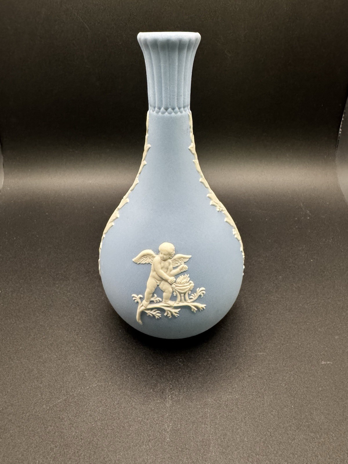 Wedgwood Jasperware Blue Bud Vase - 5” Cherubs