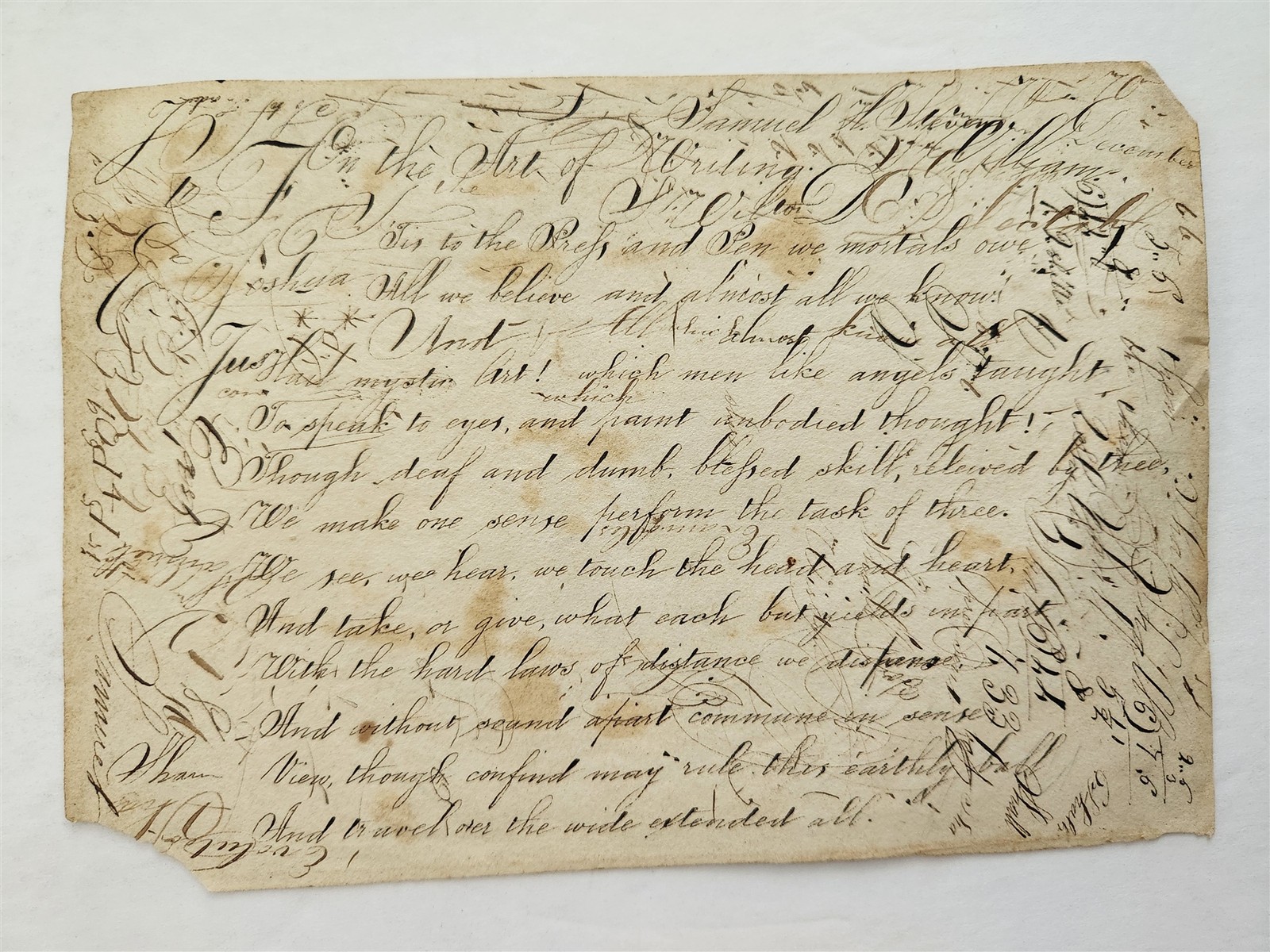 c.1850s antique CALLIGRAPHY POEM manuscript PENMANSHIP signed SAMUEL STEVENS