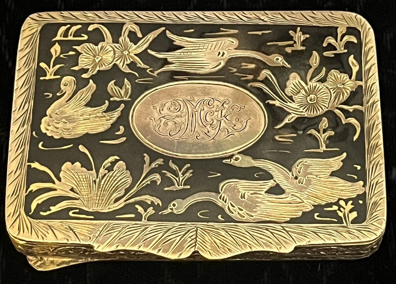 RARE Antique Japanese Etched Damascene Beveled Mirrored Compact w/silk case