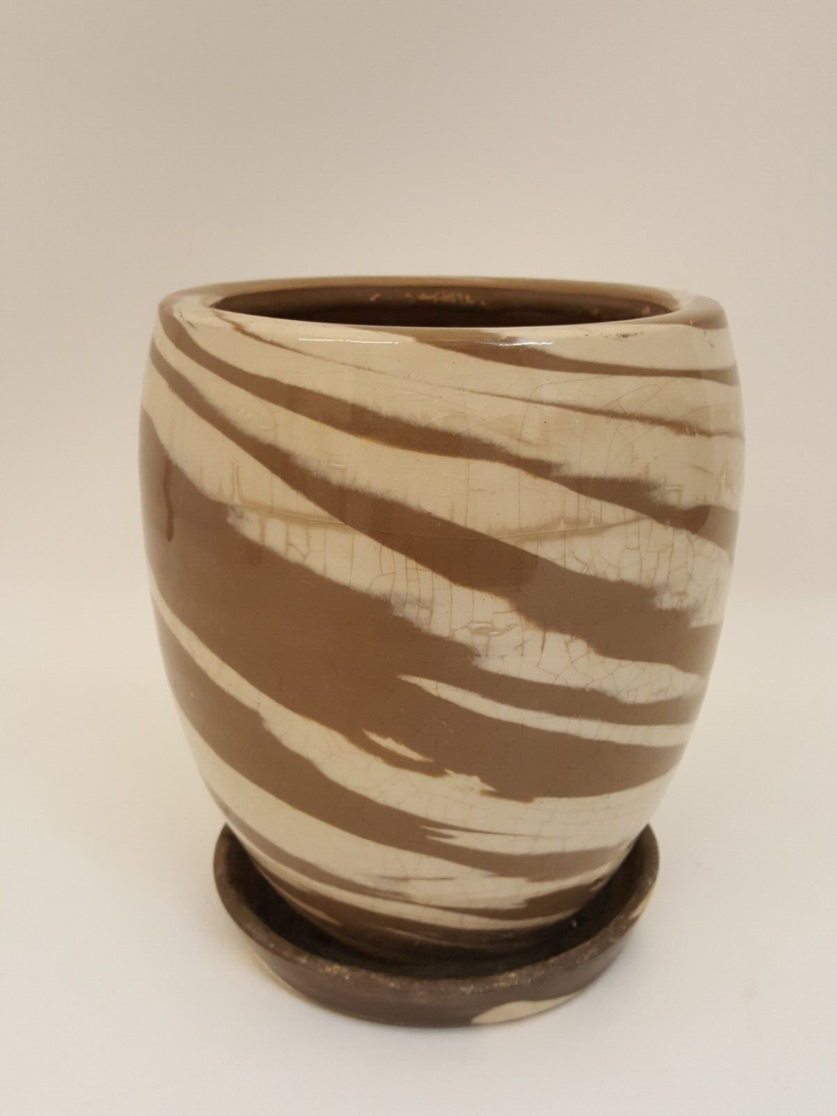 Antique tan brown swirl planter pot pottery marbled 8\