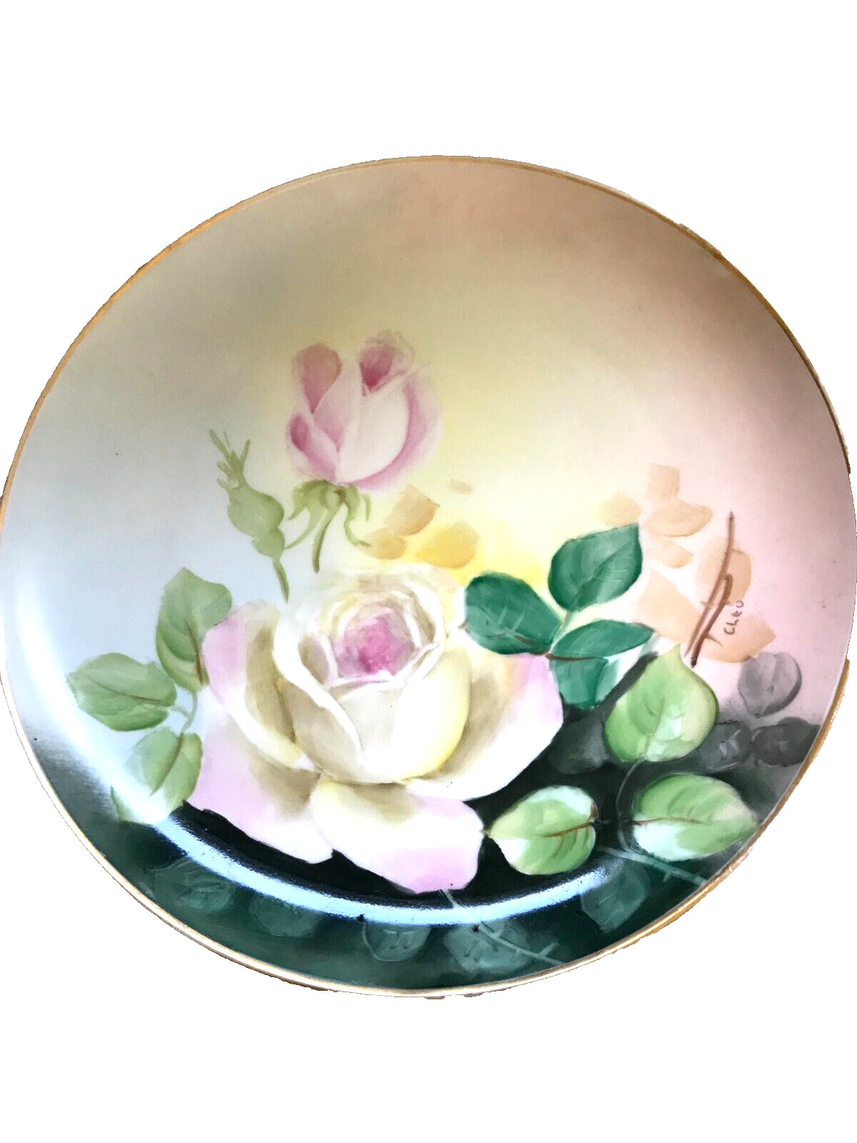 BAVARIA HAND PAINTED DECORATIVE PLATE WITH PINK & YELLOW ROSES ARTIST SIGNED