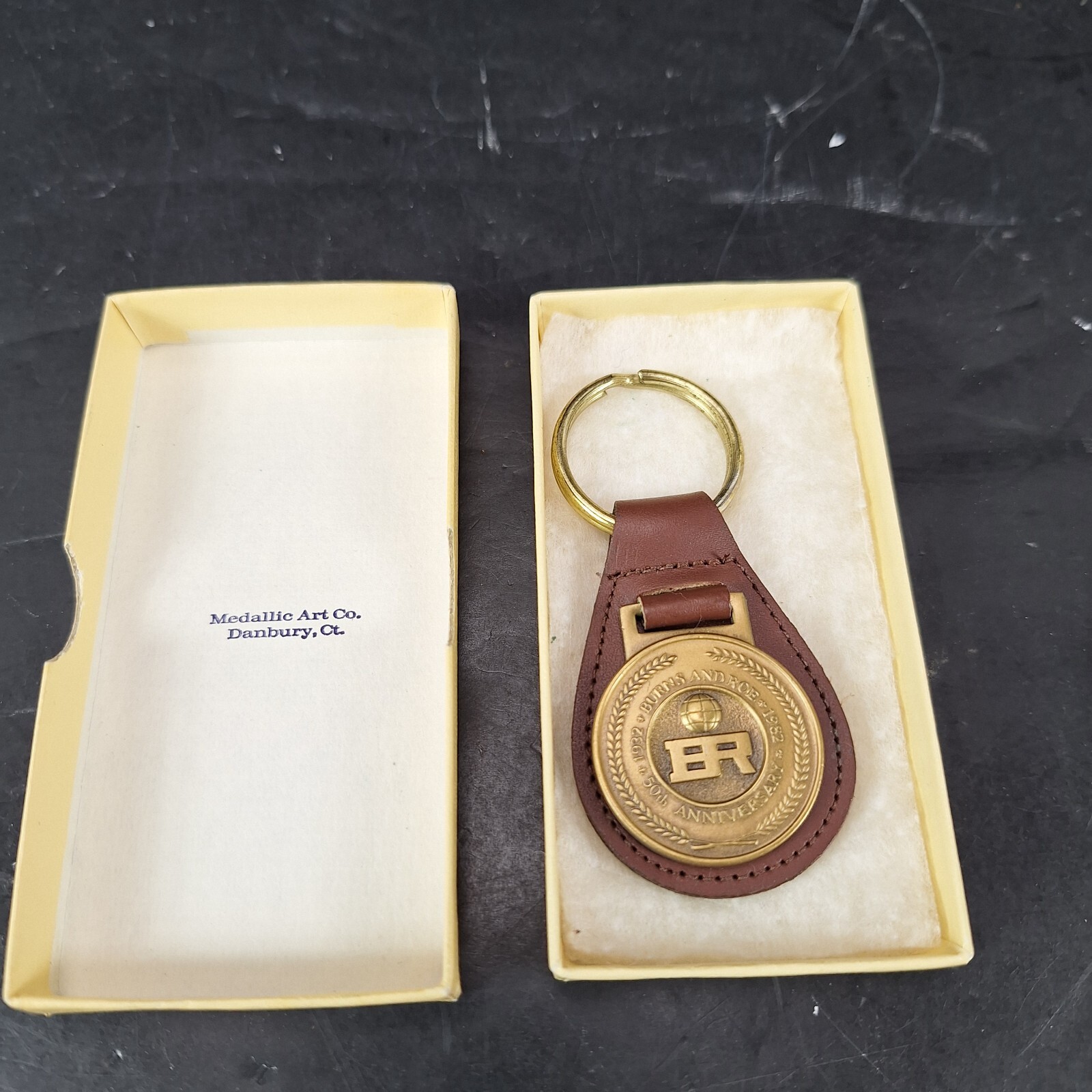 Vintage Burns and Roe Engineering Keychain 1982 50th Anniversary Bronze Leather