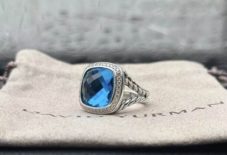 David Yurman Albion 925 Silver 14mm Albion Blue Topaz & Diamond Ring Sz 8