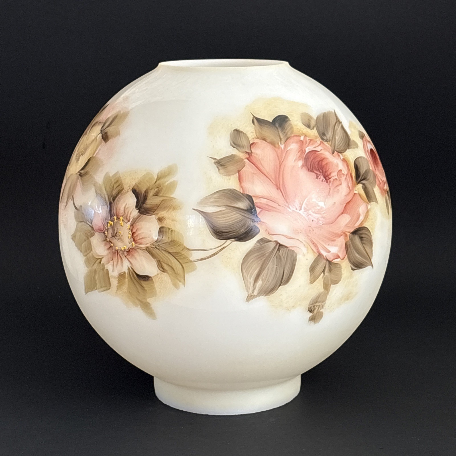 Vintage 9” Hand Painted Pink Peony Glass Round Ball Globe Hurricane Lamp Shade