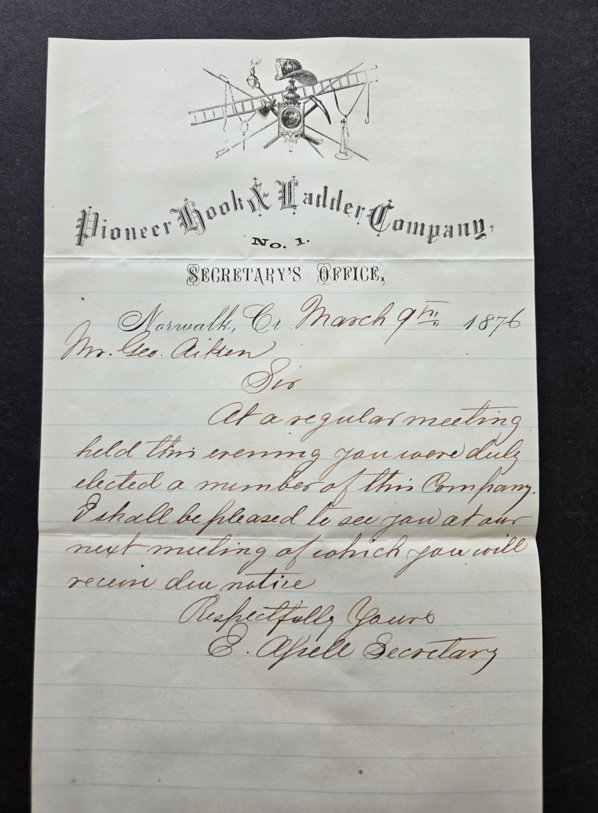 1876 Pioneer Hook & Ladder Fire Co, No.1 Norwalk membership letter,  lot # 78704