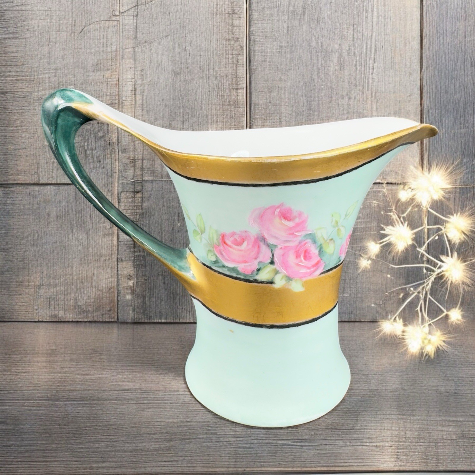HR Cacilie Bavaria Germany Pitcher Jug Gold Trim Floral Pattern Favorite Marked
