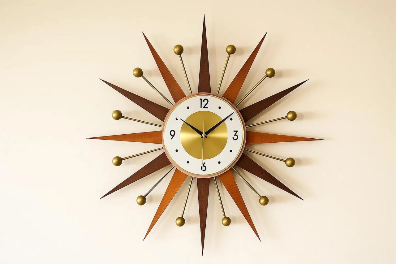 Handmade Large Starburst Wall Clock Mid Century Modern Retro Wood Metal Decor