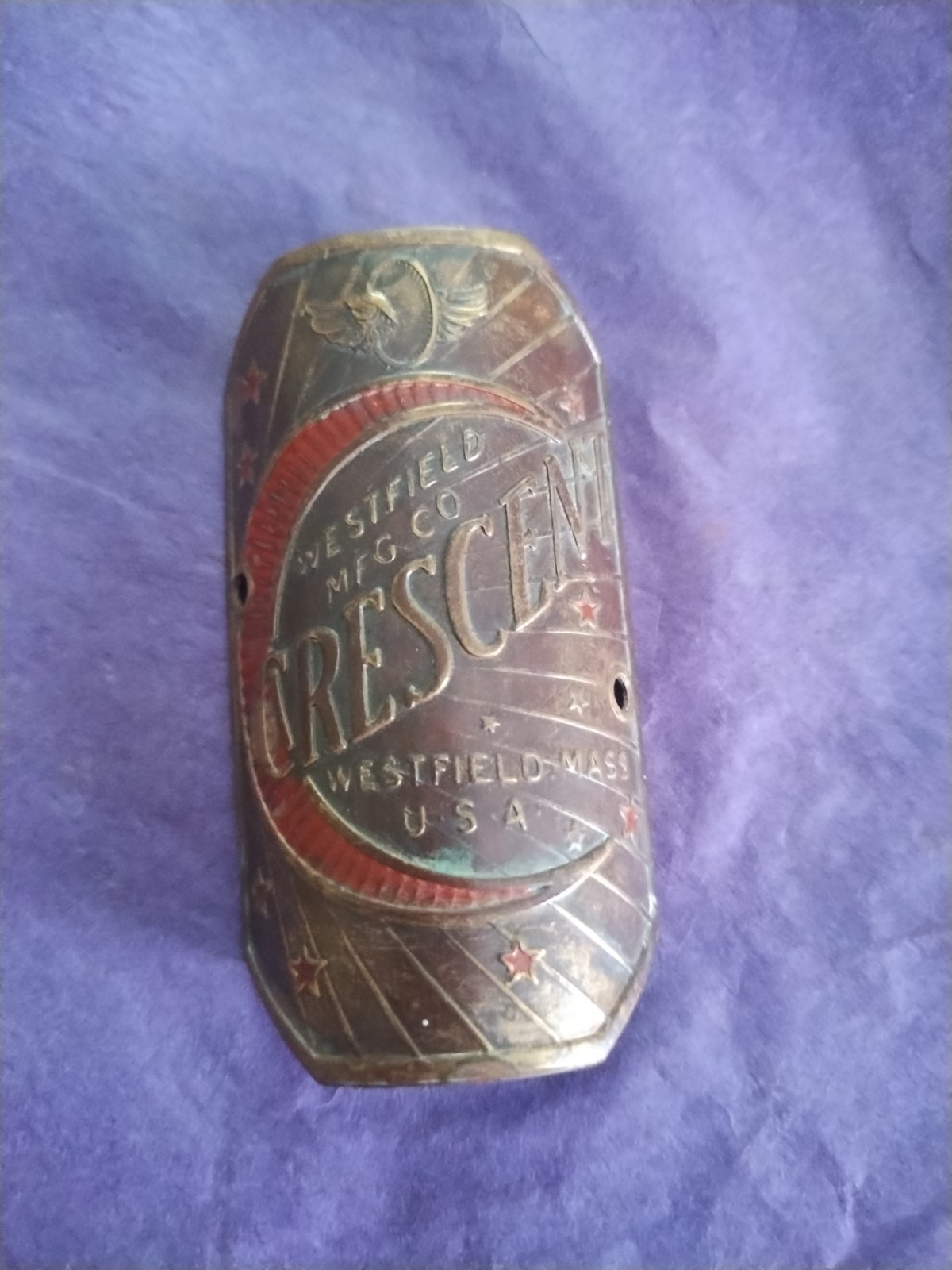 Vtg Crescent Westfield Mass. Bike Badge Headtube Emblem Brass 1930/50s