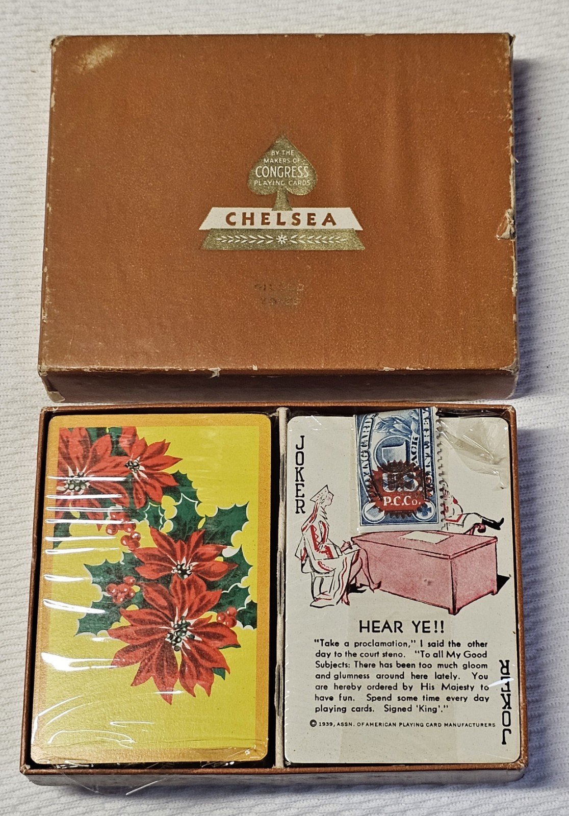 1939 NOS CONGRESS Playing Cards Double Deck Christmas Poinsettia Chelsea Box US
