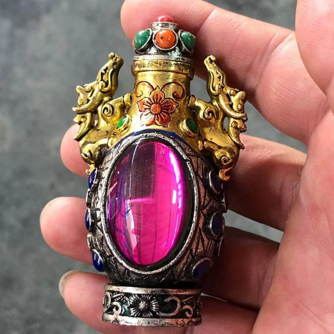 Collectibles Antique Crafts Tibetan Silver Agate Jade Copper Snuff Bottle Old