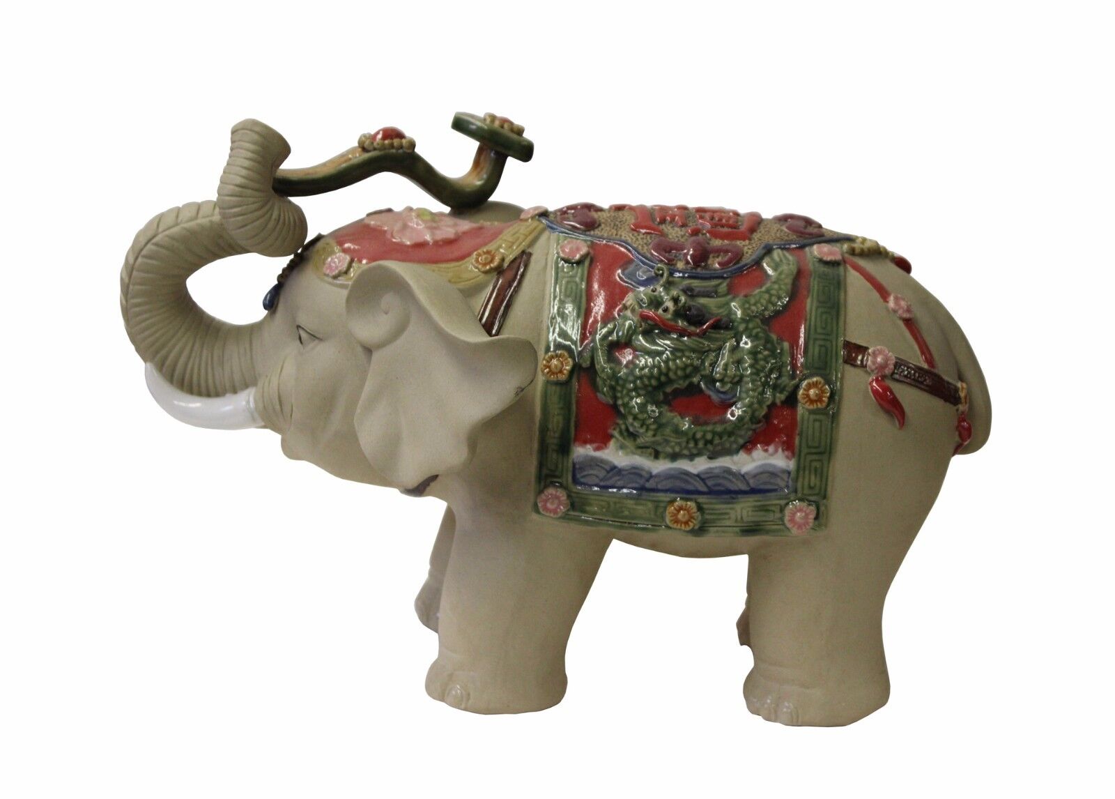Handmade Ceramic Elephant Up Trunk Ru Yi Figure vs029